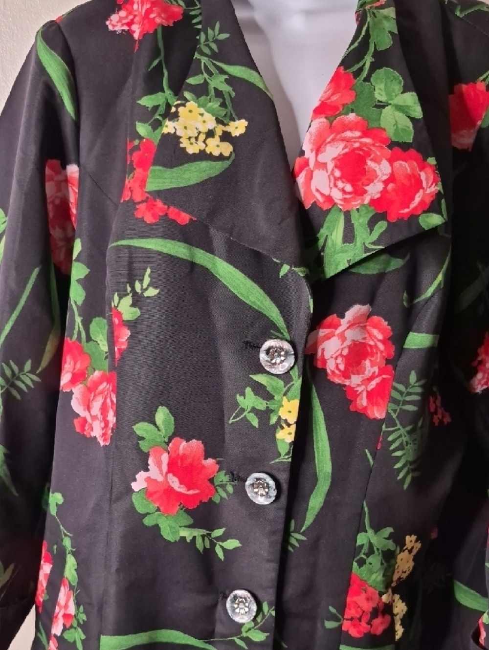 Dennis Basso Vintage  Black Floral Button-Front Trench Coat - Picture 3 of 14